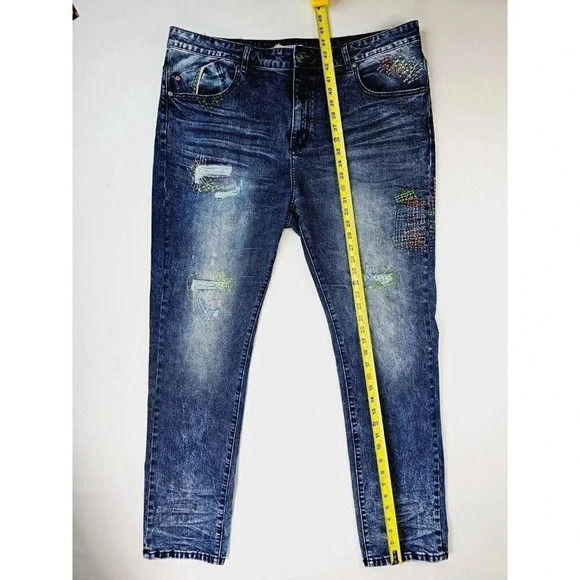 Staple Pigeon Size 40X32 Men's Factory Stich Distressed Blue Denim Logo Jeans - Picture 12 of 13
